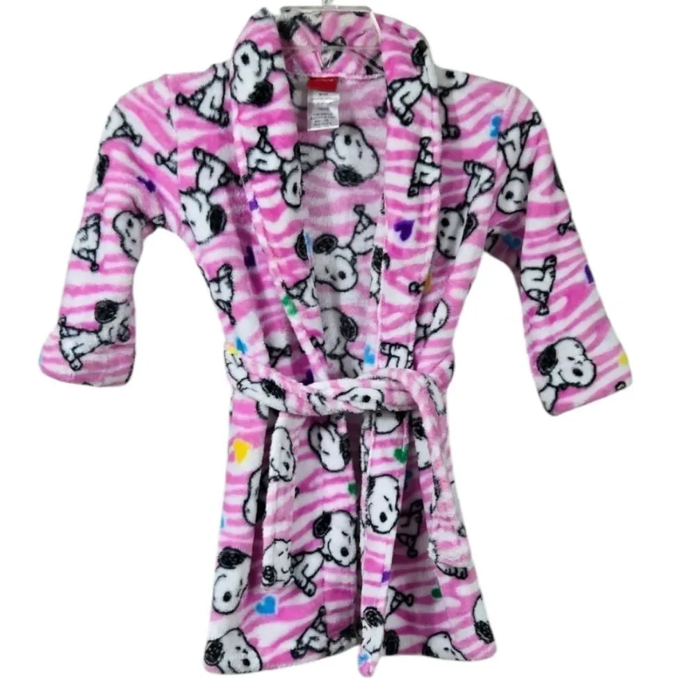 SNOOPY Girls Robe Plush Fleece Pink Striped Bathrobe Belted XS 4/5 Toddler Kids